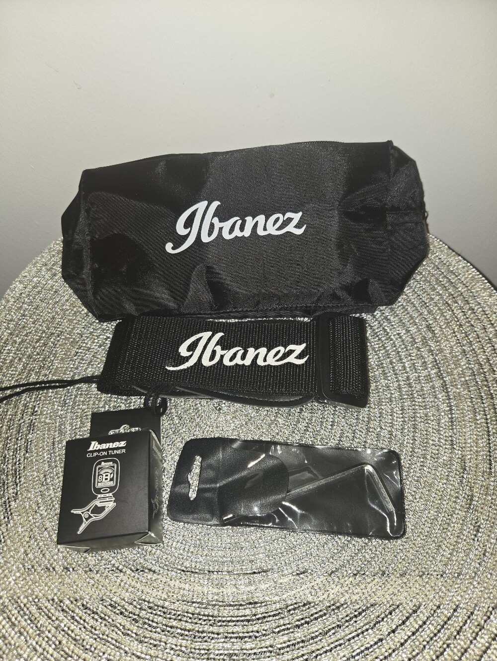 Genuine Ibanez Guitar Accessory Bundle: Pouch, Strap, Clip-On Tuner & Truss Wren